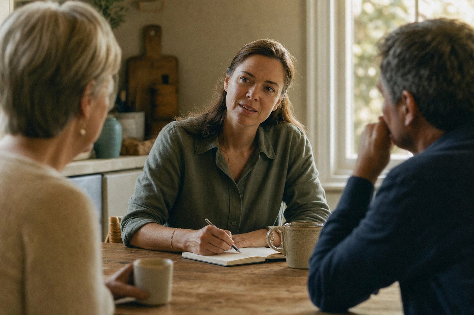 A hospice nurse taking notes at a kitchen table while two family members listen over cups of tea