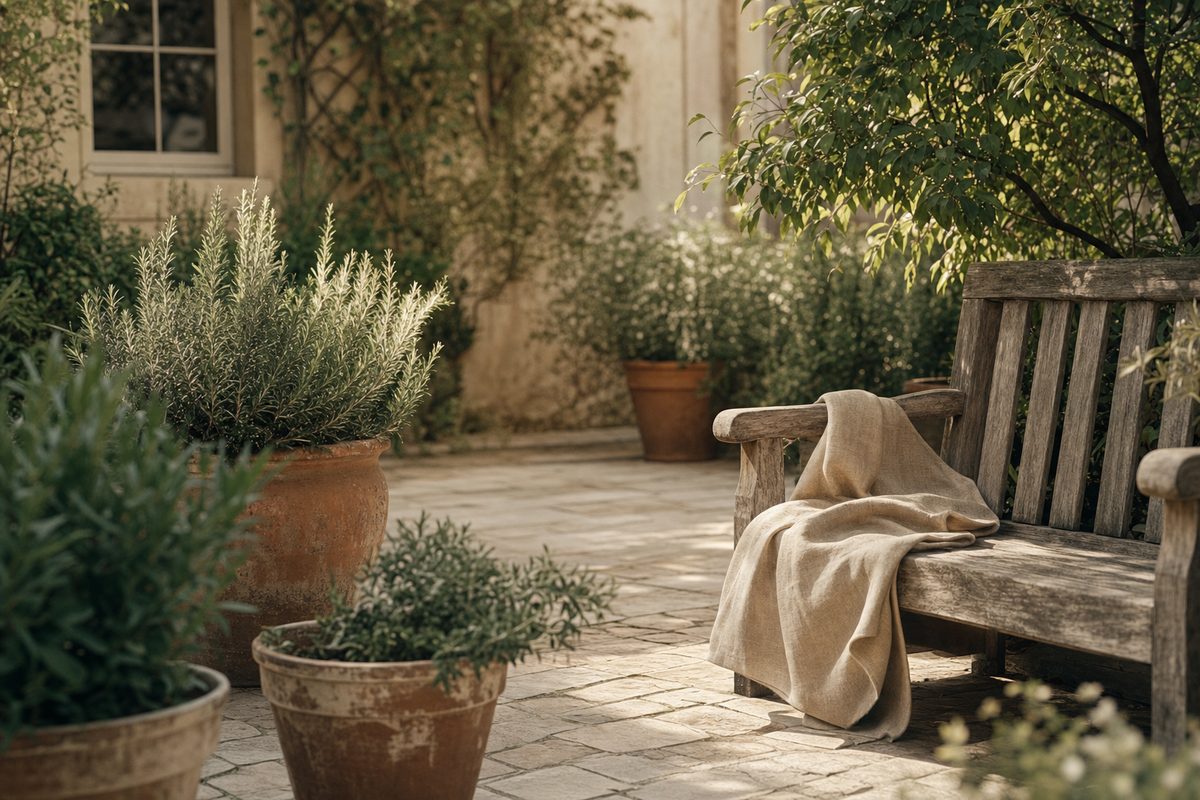 A sunlit garden courtyard with terracotta pots of rosemary and sage and a weathered wooden bench