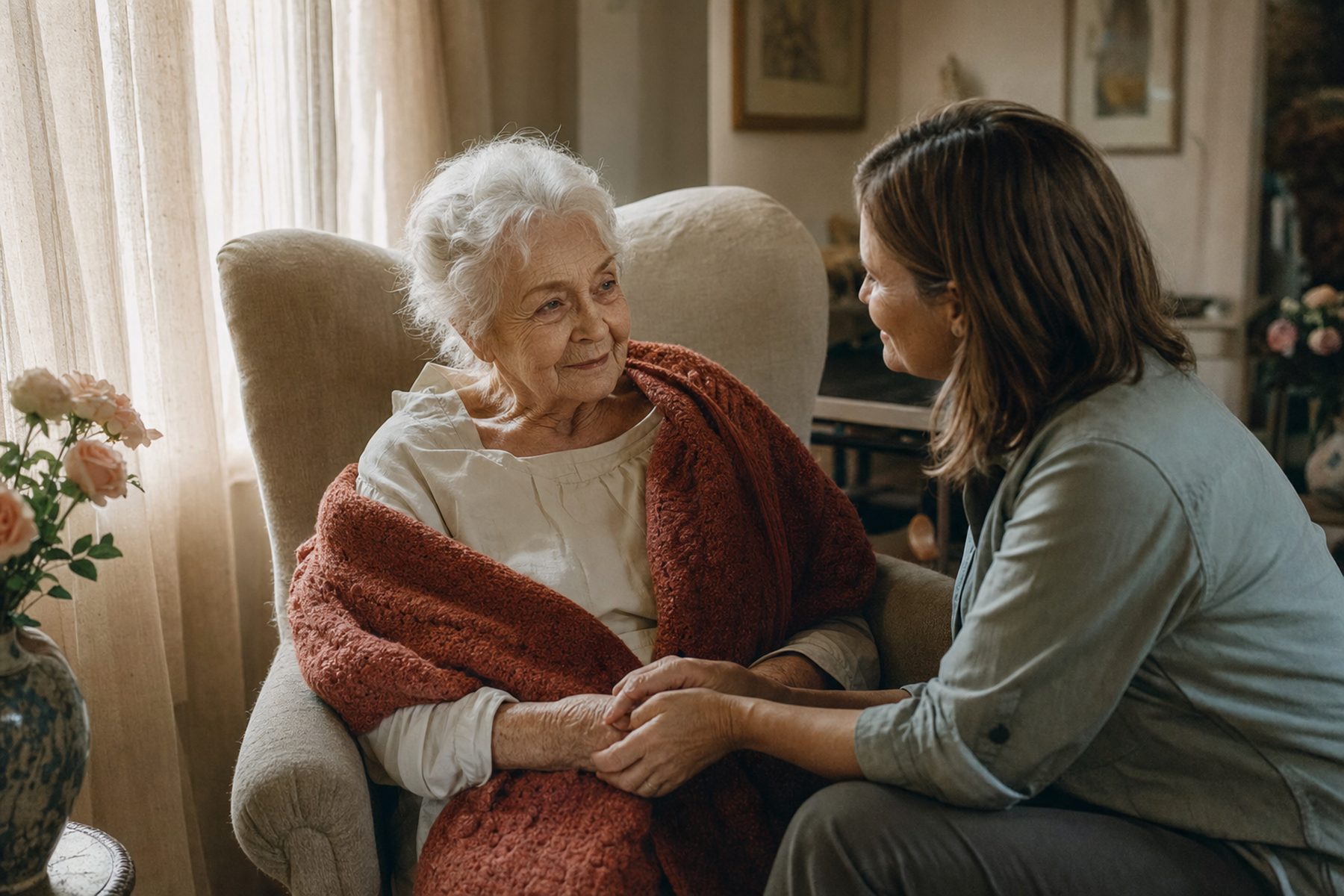 A caregiver kneeling beside an older woman in an armchair, holding her hand in warm afternoon light